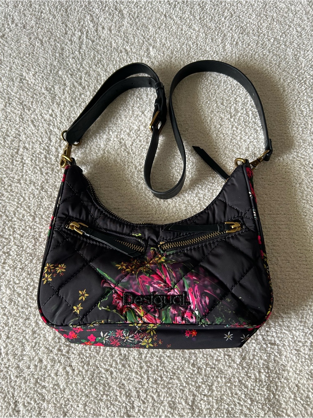 Desigual Black Quilted Shoulder Bag with Pink Floral Accents